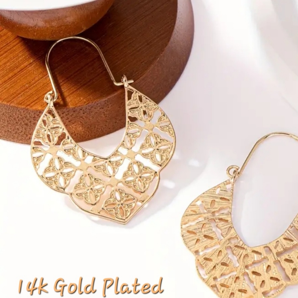 14k Gold Plated hoops. Intricate cut pattern New. Fast Ship Top Seller
